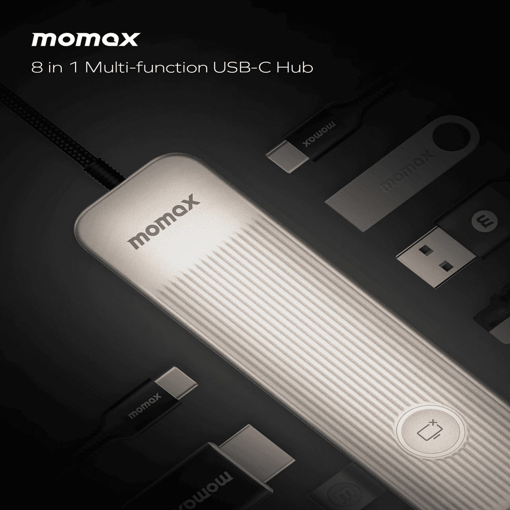 Momax 8-in-1 multi-function USB-C hub on a dark background