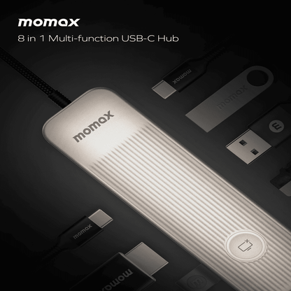 Momax 8-in-1 multi-function USB-C hub on a dark background