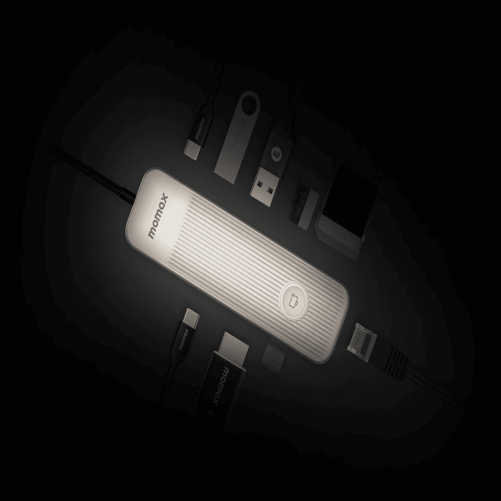Multifunctional USB hub with multiple ports on a dark background