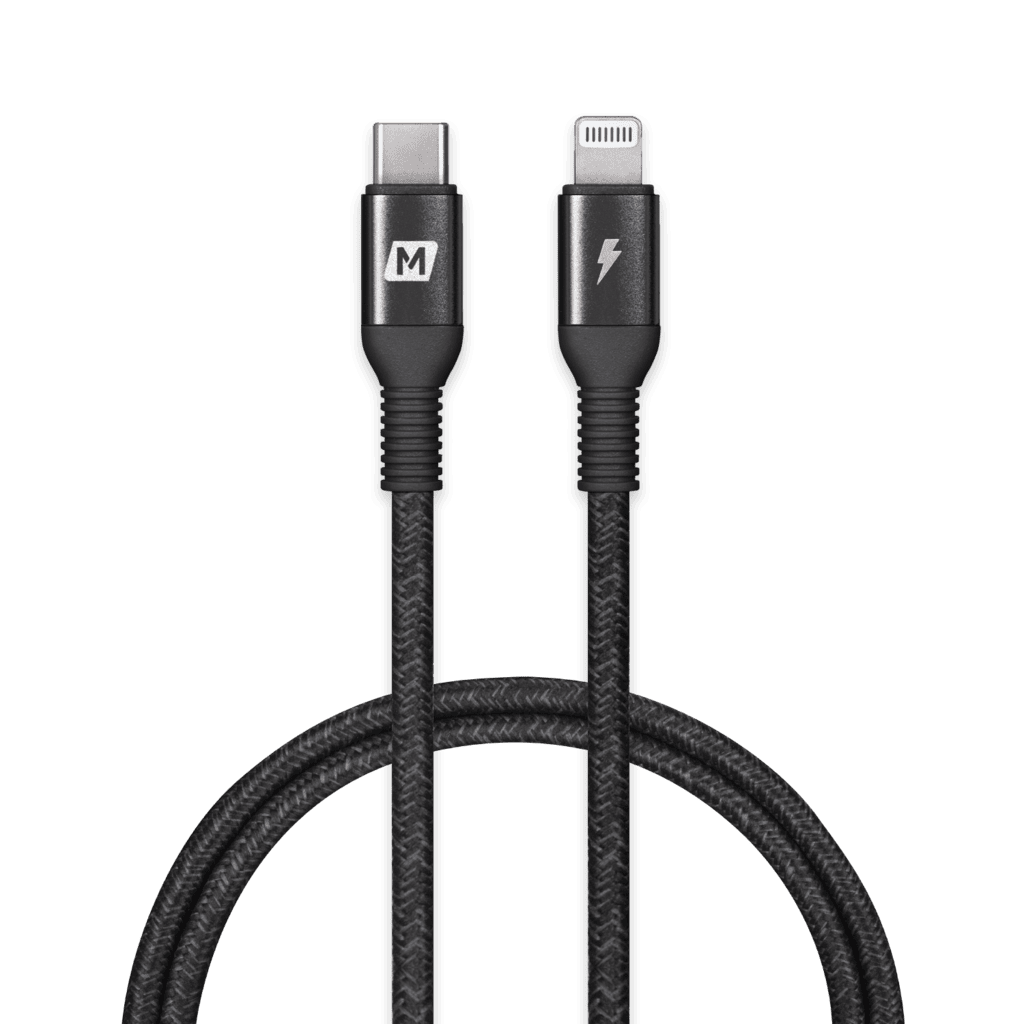 Black cable with USB-C and Lightning connectors on a transparent background