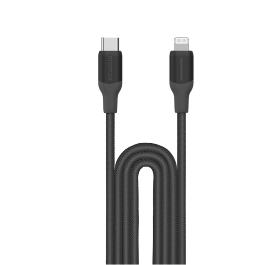 Black charging cable with connectors on a transparent background