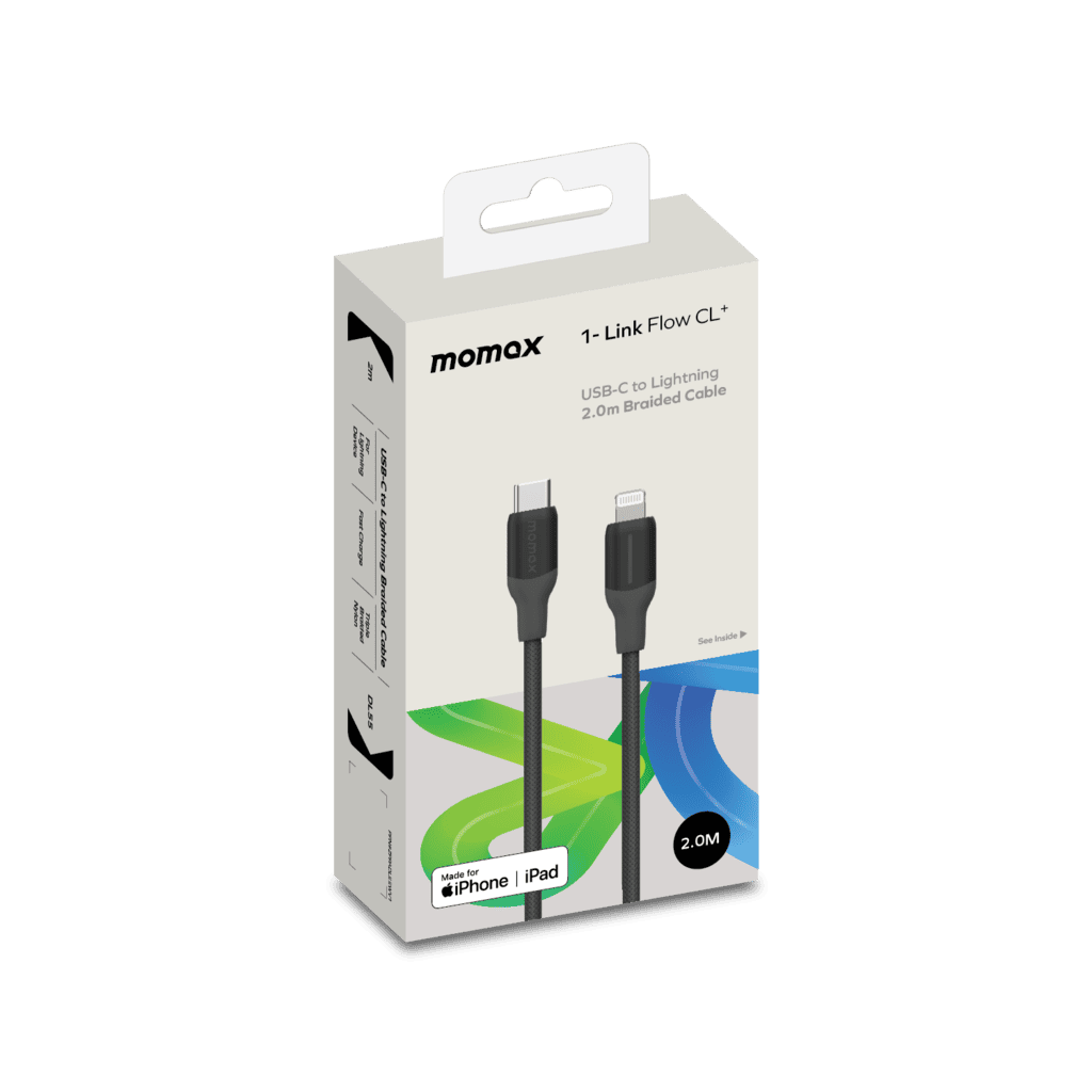 Momax USB-C to Lightning cable packaging on a transparent background