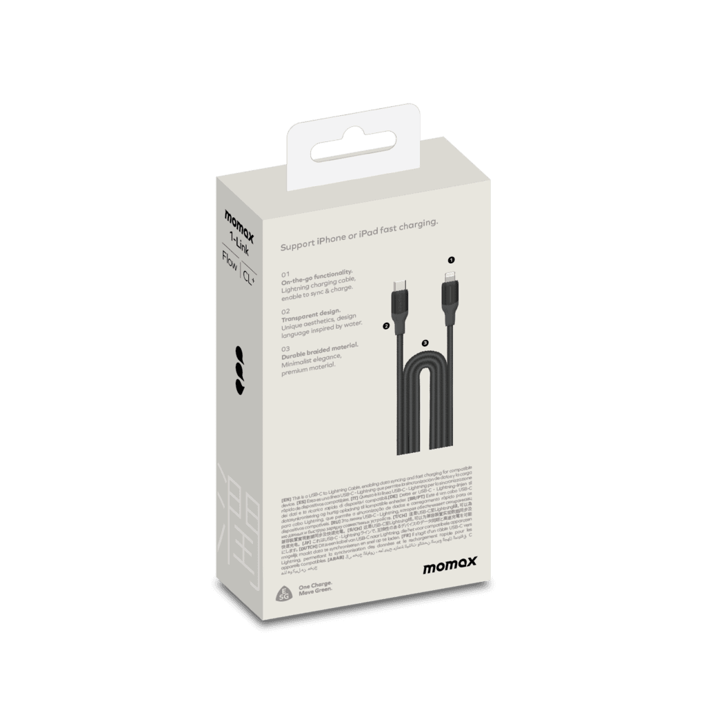 Momax cable packaging on a green background