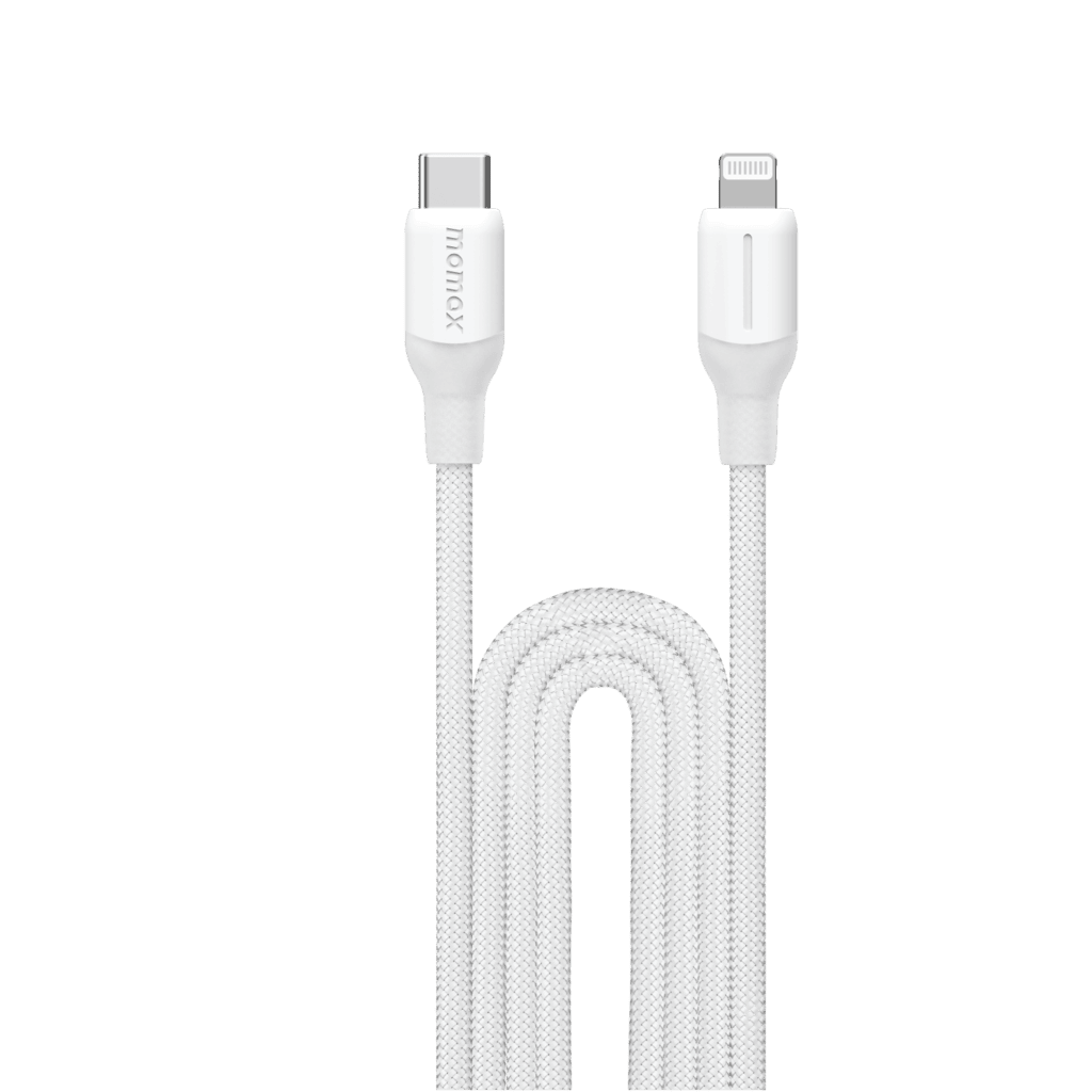 White charging cable with two connectors on a green background