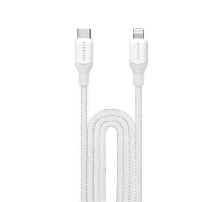 White charging cable with two connectors on a green background