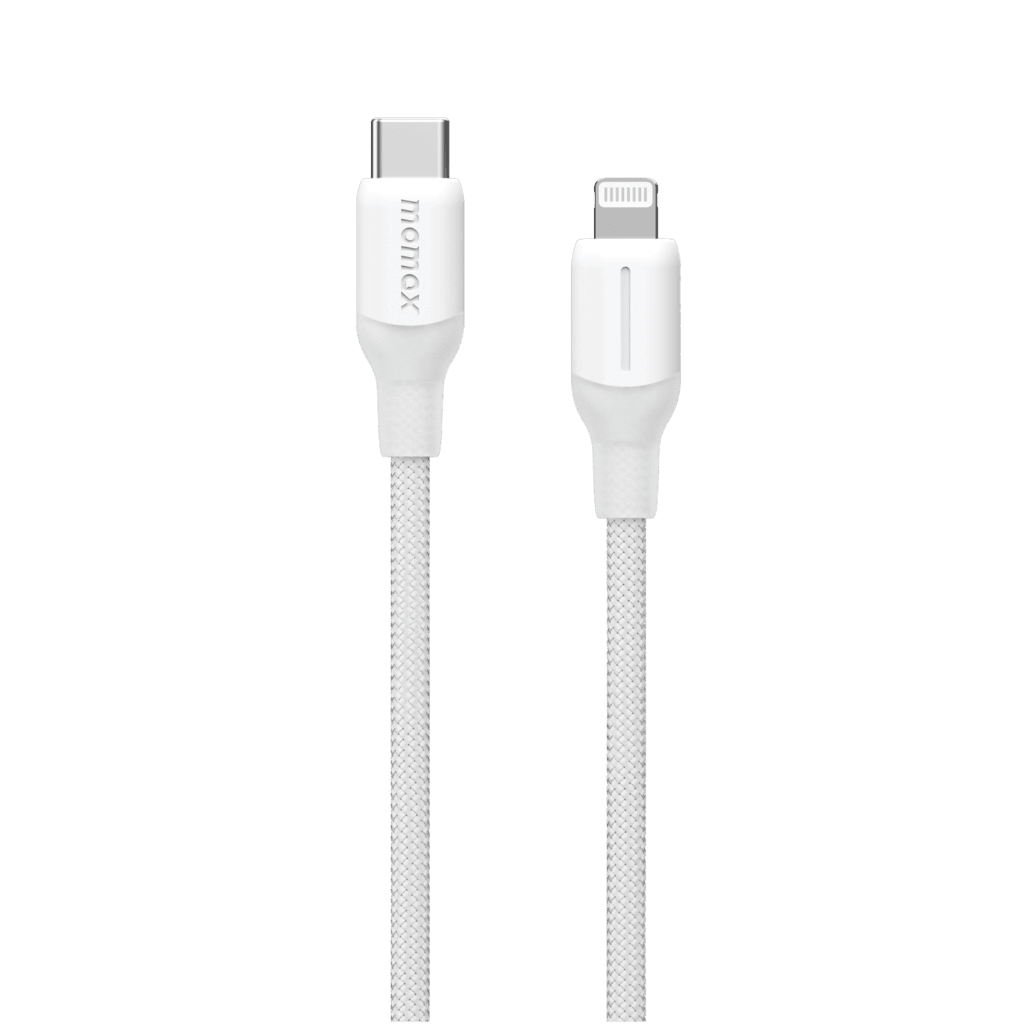 White charging cable with USB-C and Lightning connectors on a green background