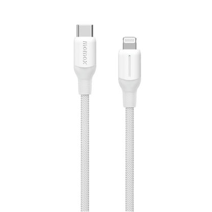 White charging cable with USB-C and Lightning connectors on a green background