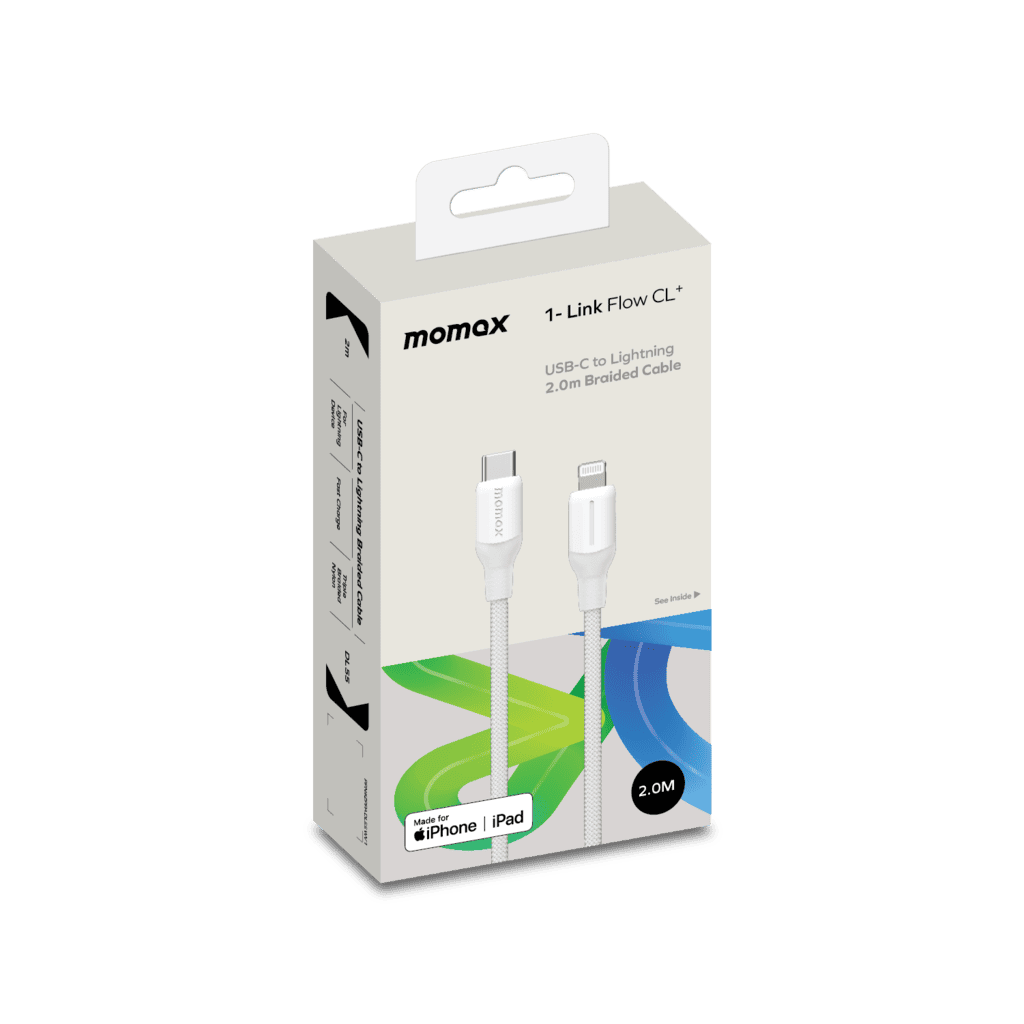 Momax USB-C to Lightning cable packaging on a white background