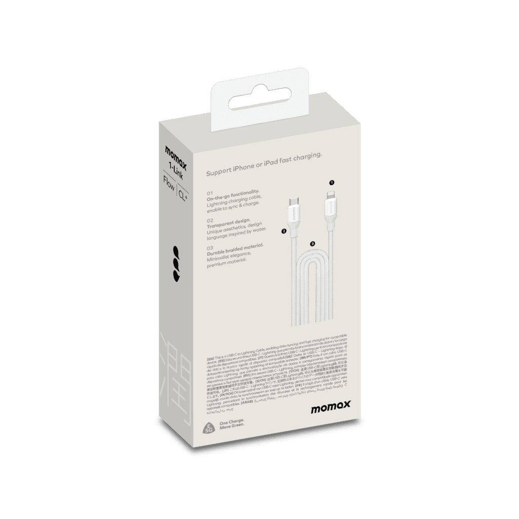 Momax product packaging box on a green background