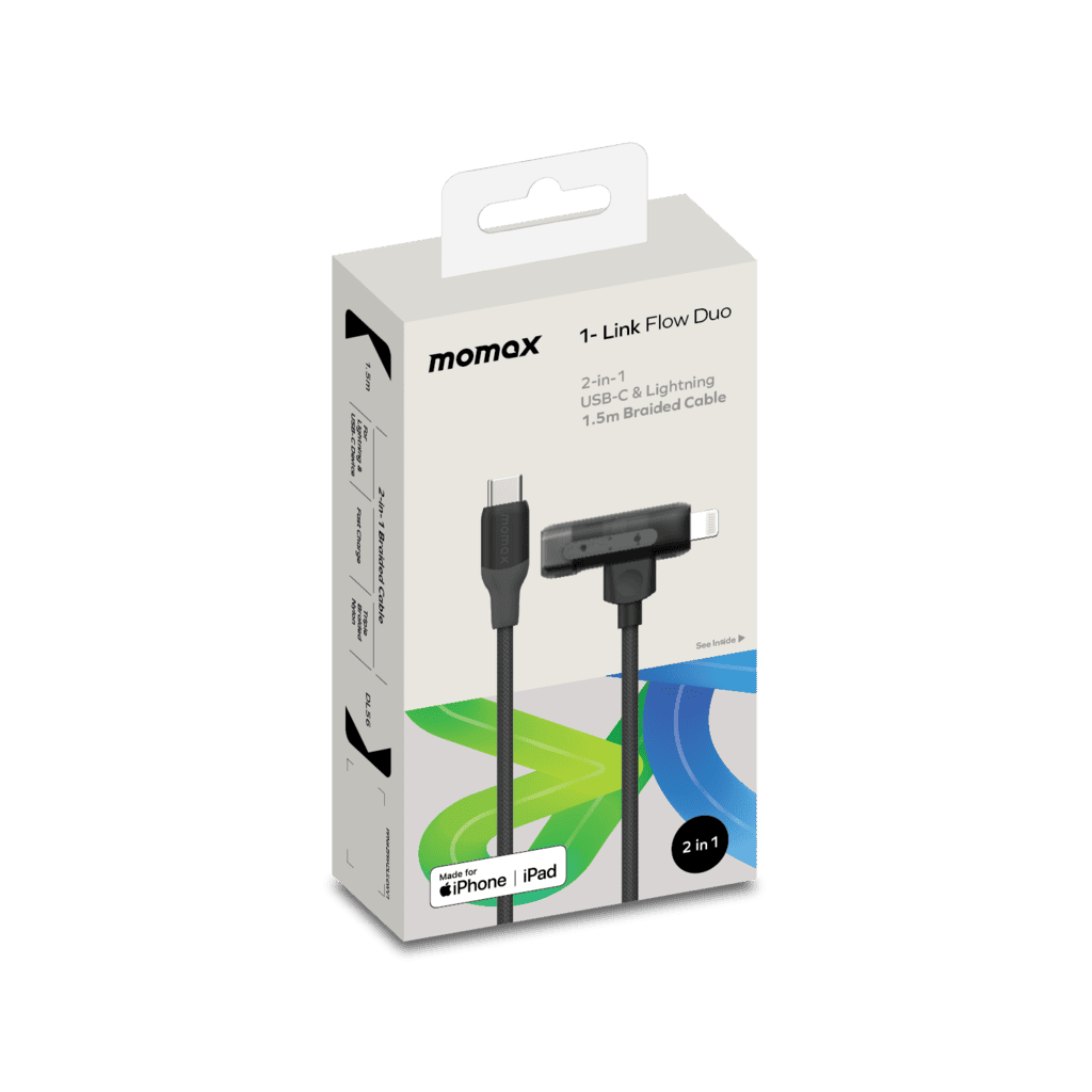 momax 2-in-1 USB-C and Lightning cable packaging on a white background