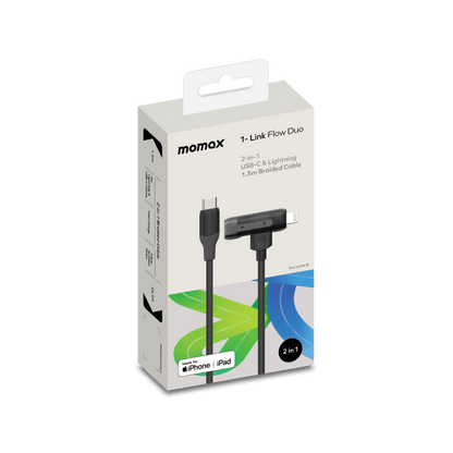 momax 2-in-1 USB-C and Lightning cable packaging on a white background