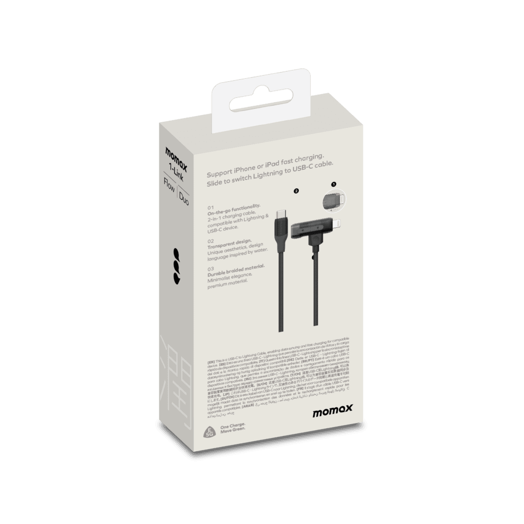 Momax cable packaging on a green background