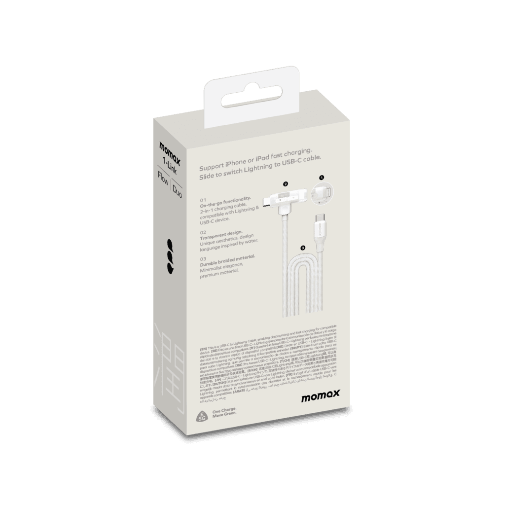 Momax cable packaging on a green background