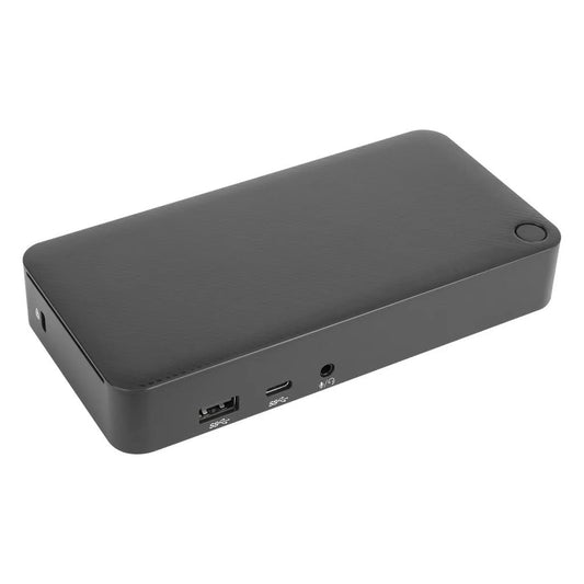 Black power bank with multiple ports on a white background