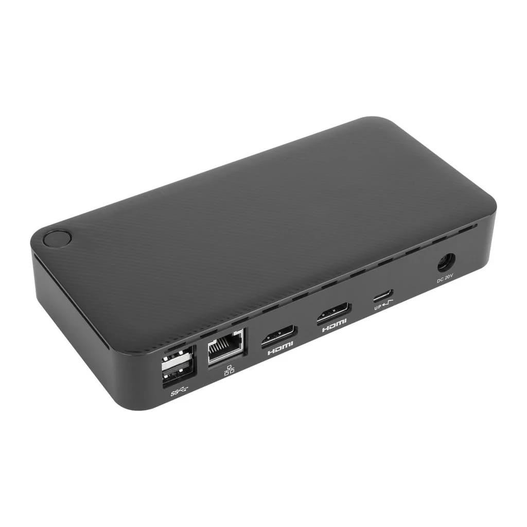 Black USB hub with multiple ports on a white background