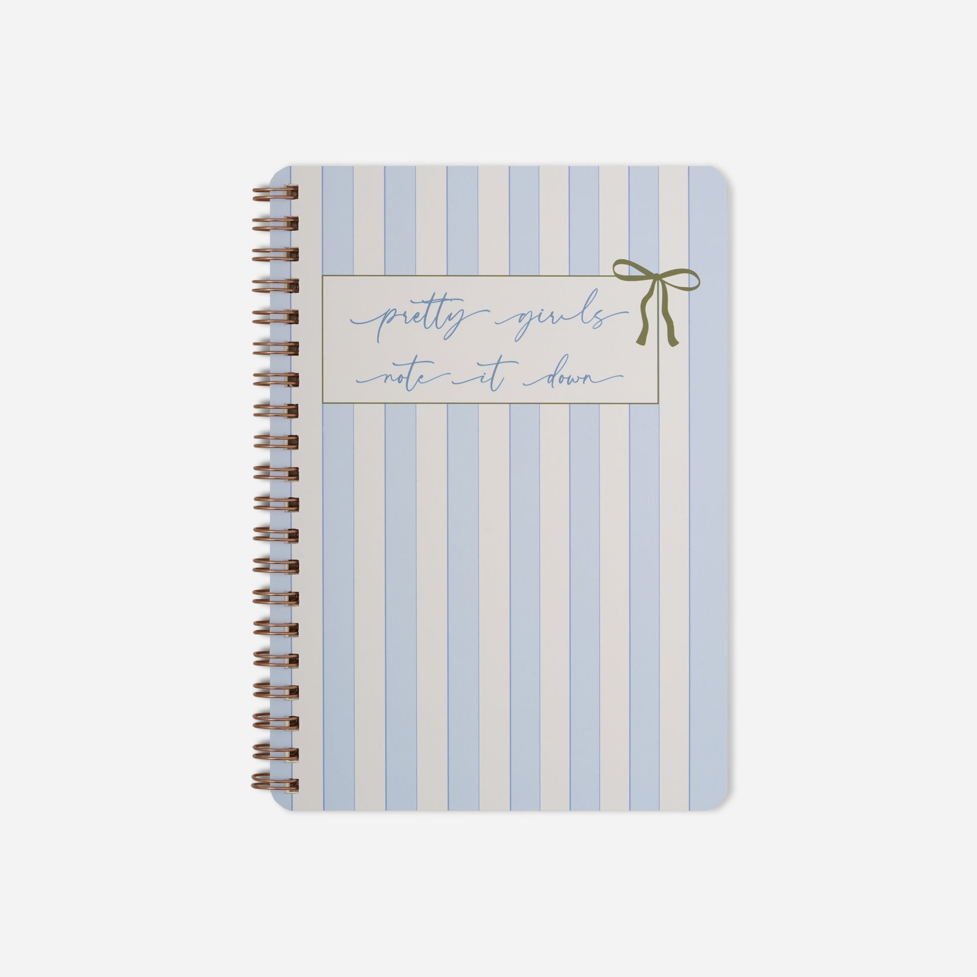 Notebook with blue and white striped cover and 'pretty girls note it down' text on a white background