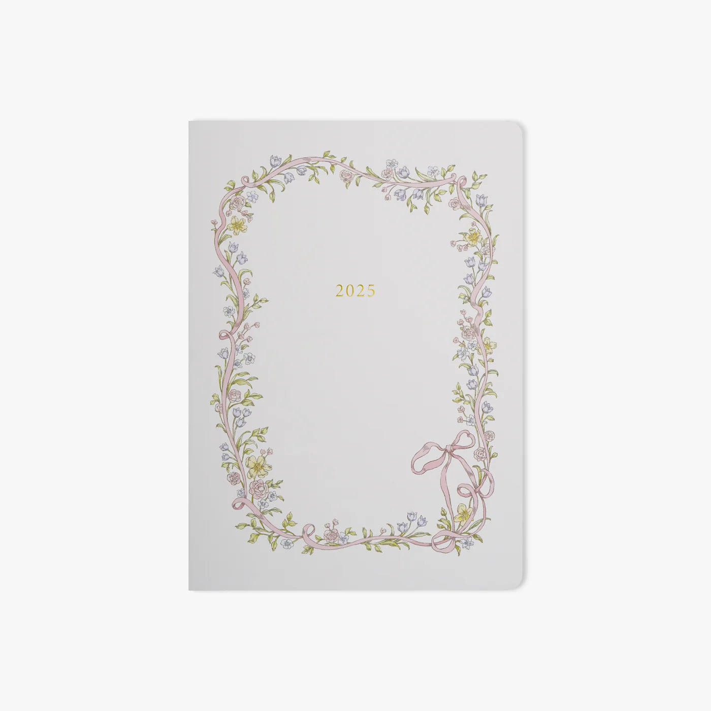 White planner with floral design and '2025' text on a white background