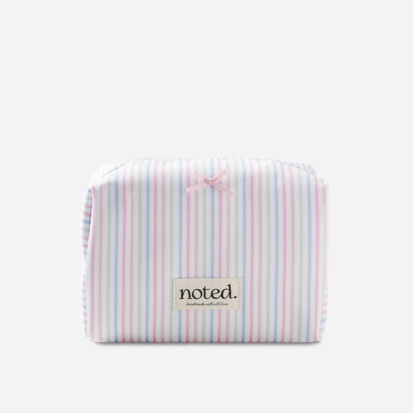 Striped pouch with 'noted' label on a white background