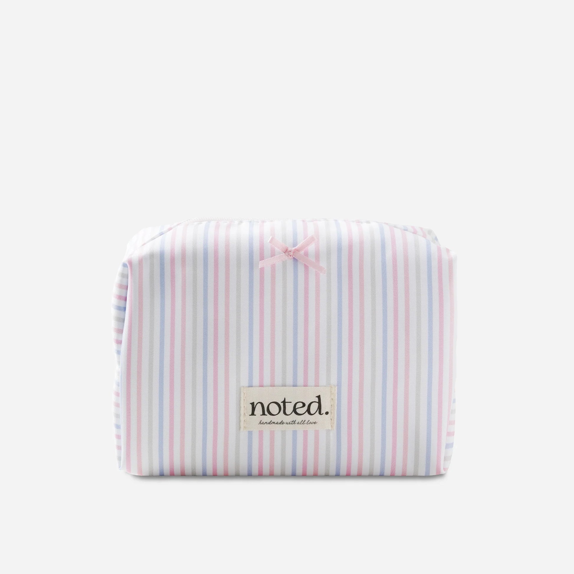 Striped pouch with 'noted' label on a white background