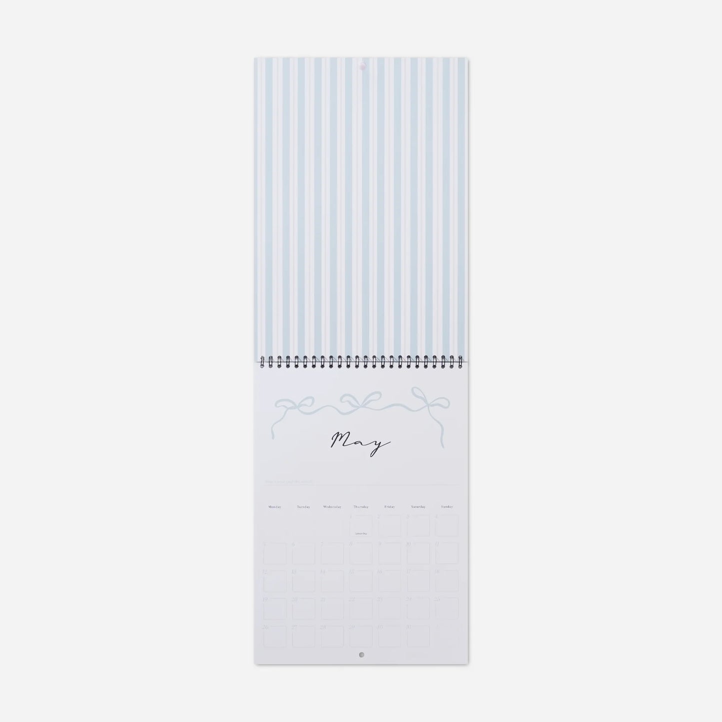 Calendar with blue striped design on a white background
