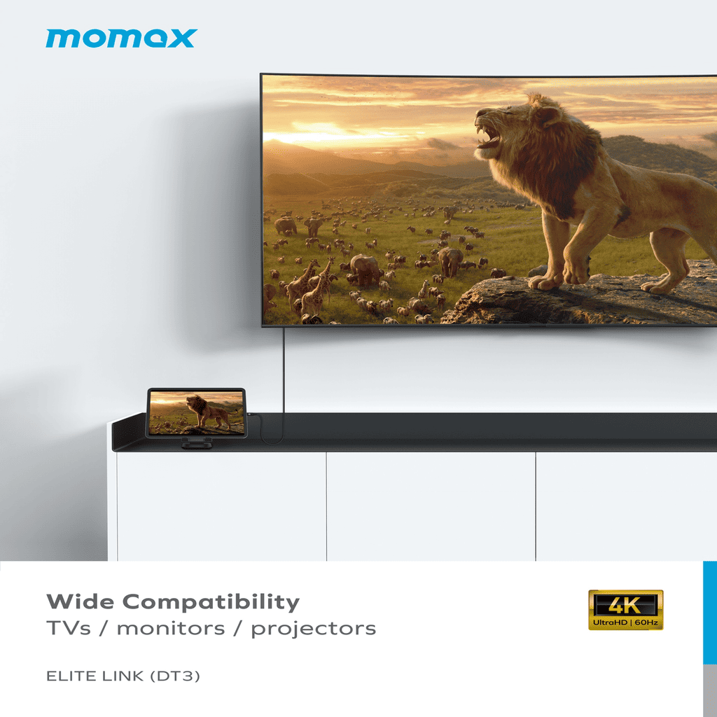 TV displaying a lion scene with 'momax' branding and compatibility text.