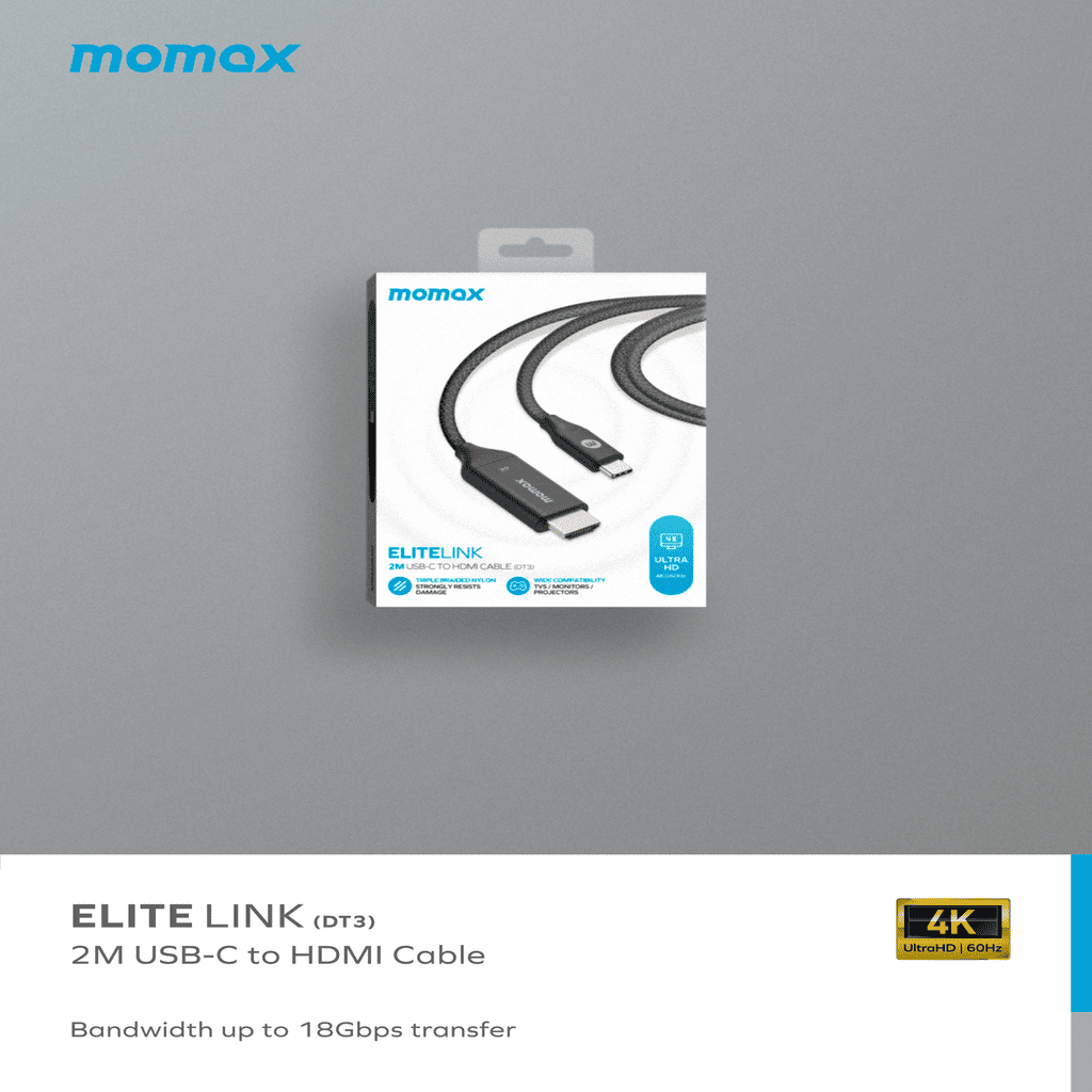 Momax Elite Link USB-C to HDMI cable packaging on a gray background