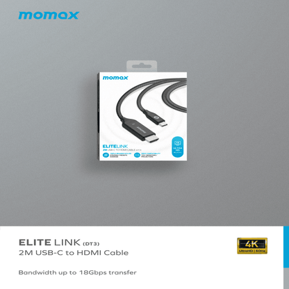 Momax Elite Link USB-C to HDMI cable packaging on a gray background