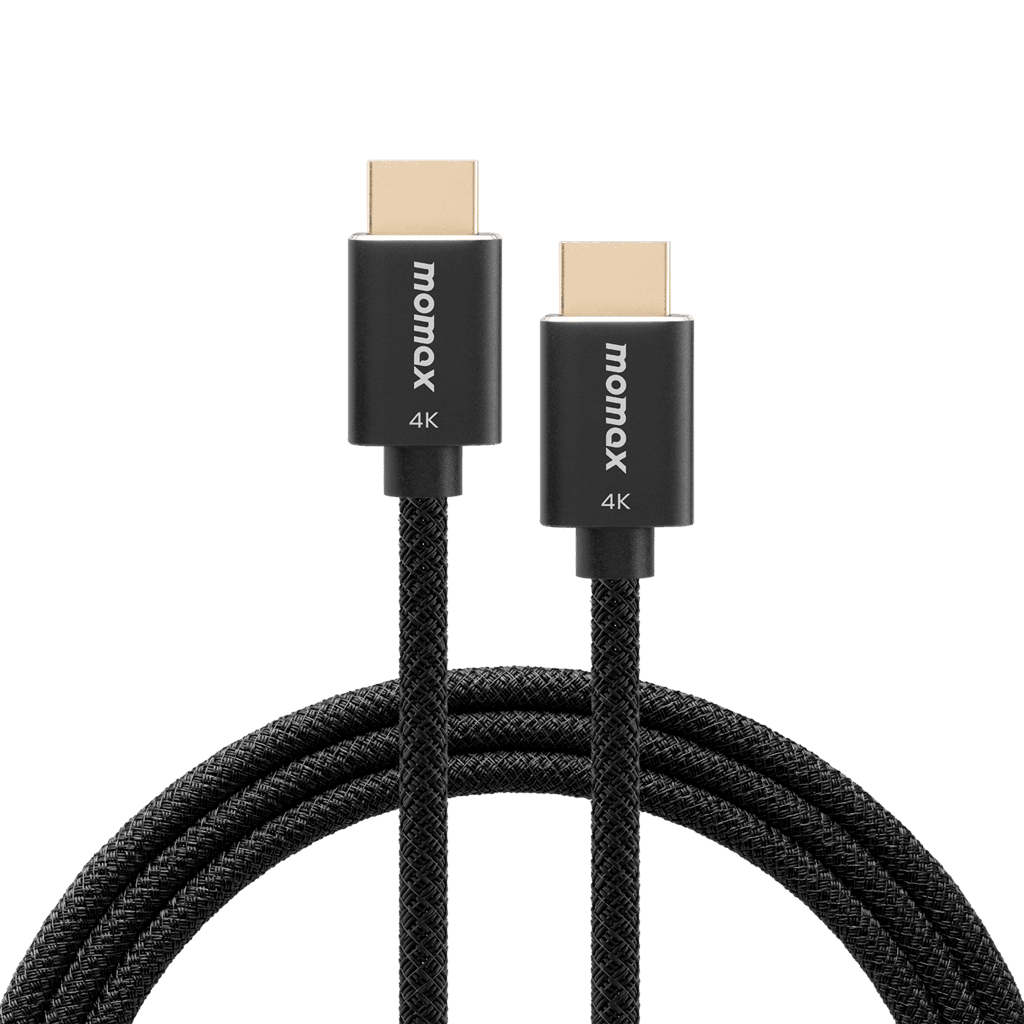 Two HDMI cables with 'momax' branding on a transparent background