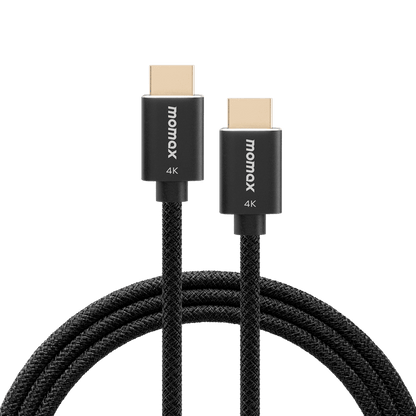 Two HDMI cables with 'momax' branding on a transparent background