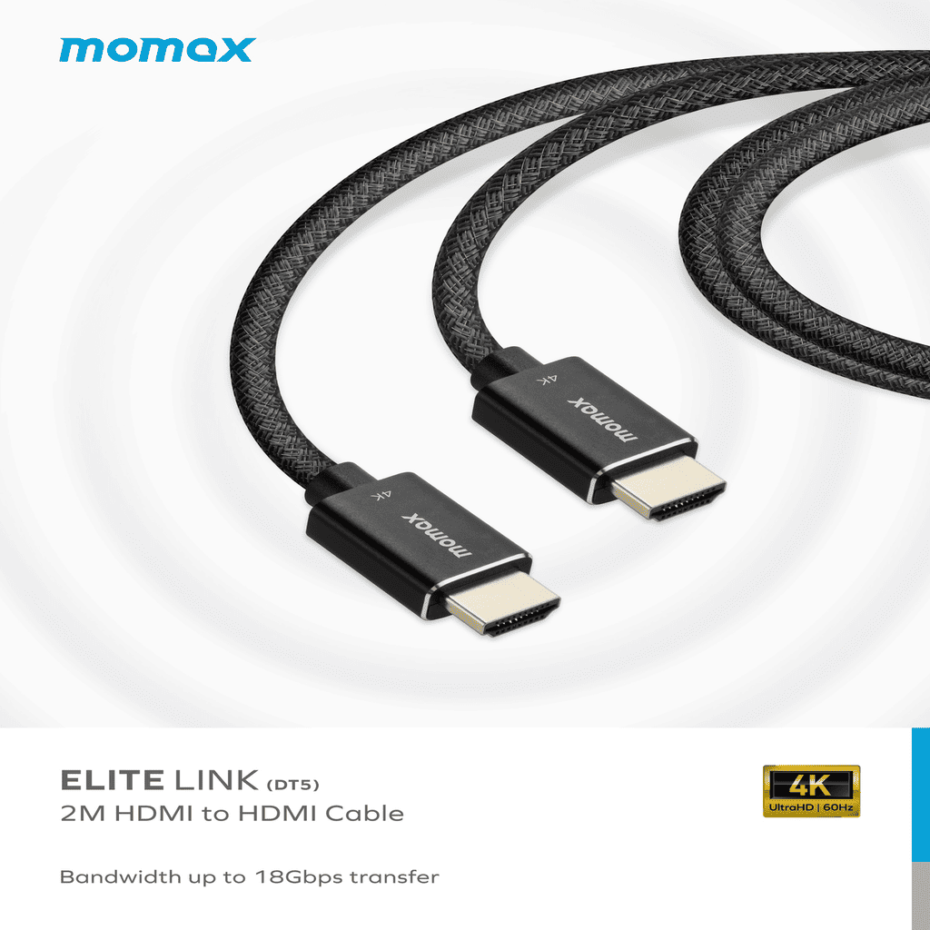 HDMI cable with Momax branding on a white background