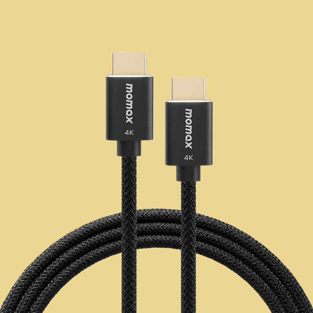 HDMI cable with 'momax' branding on a beige background