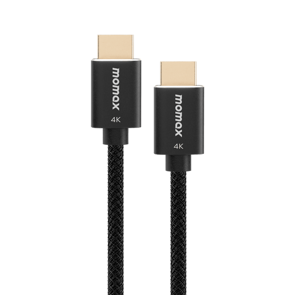 Two HDMI cables with 'momax' branding on a transparent background
