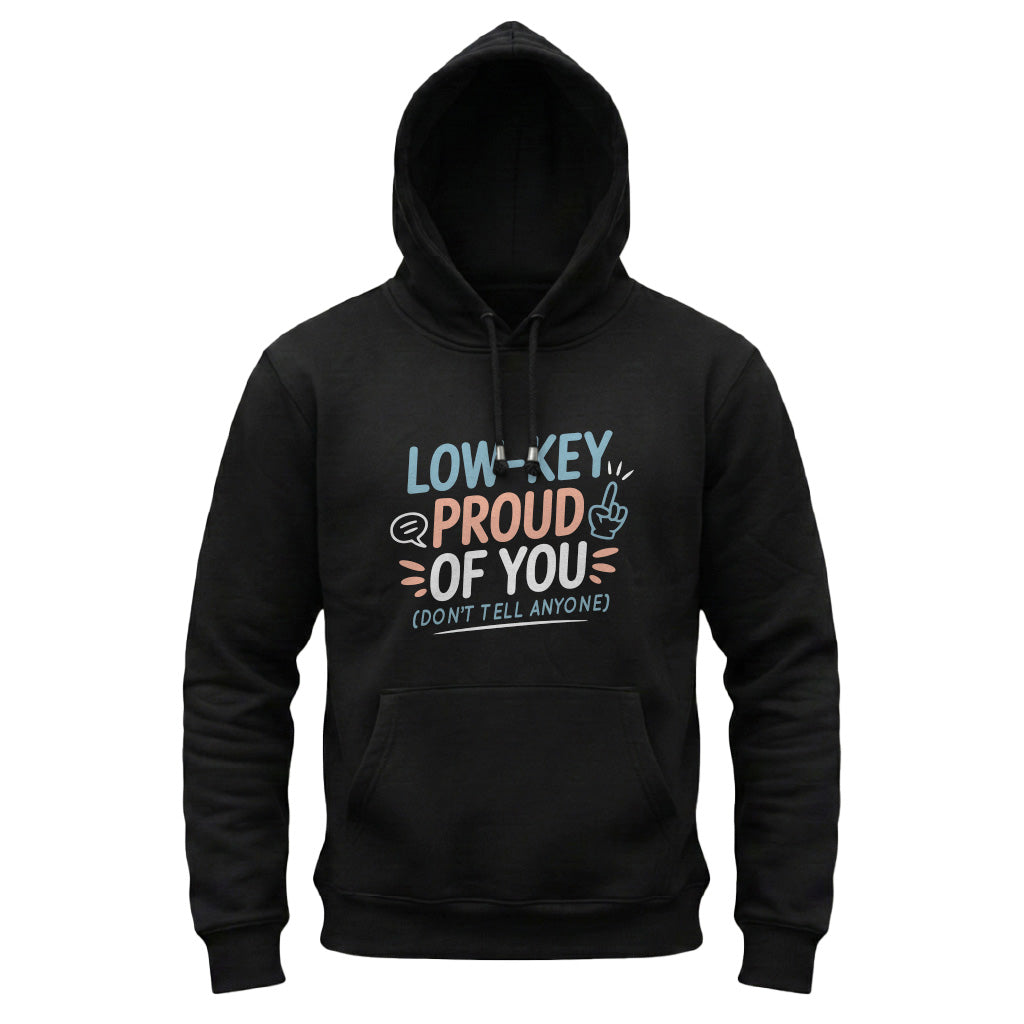 Black hoodie with colorful text design on a white background
