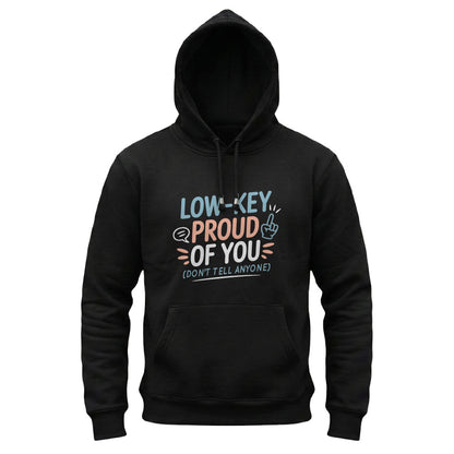 Black hoodie with colorful text design on a white background