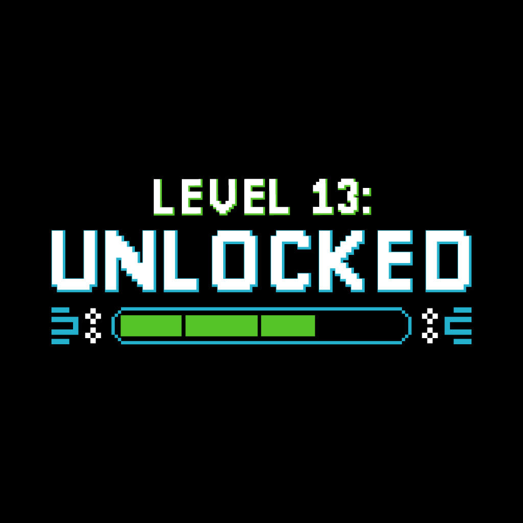 Pixelated text 'Level 13: Unlocked' on a black background