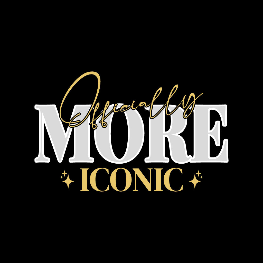 Text 'Officially MORE ICONIC' in gold and white on a black background