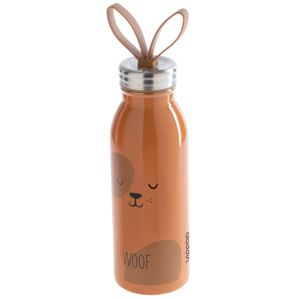 Children's water bottle with dog design and 'WOOF' text on a white background
