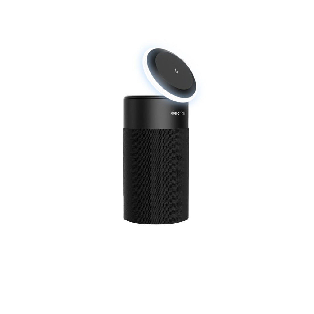 A black cylindrical 4-in-1 charging stand with a speaker on top and an LED light, designed for devices such as smartphones and earbuds.