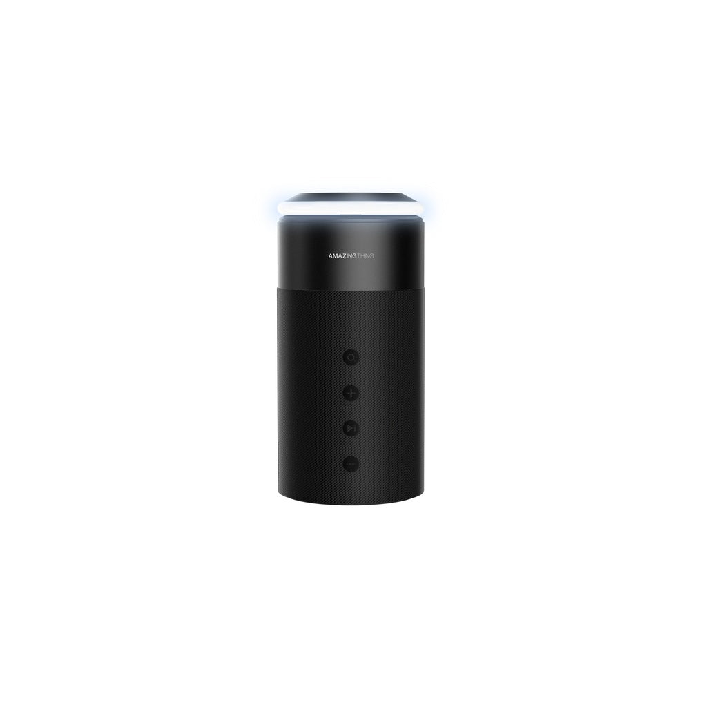 A black cylindrical 4-in-1 charging stand with a speaker on top and an LED light, designed for devices such as smartphones and earbuds.