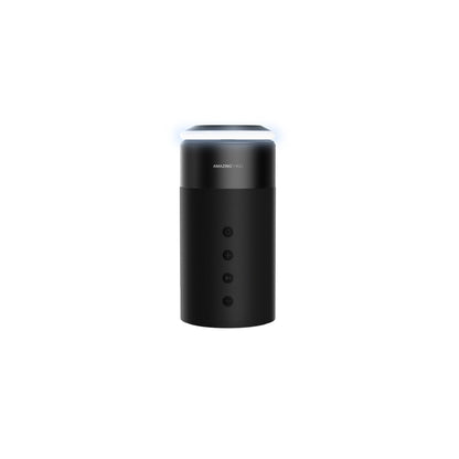 A black cylindrical 4-in-1 charging stand with a speaker on top and an LED light, designed for devices such as smartphones and earbuds.