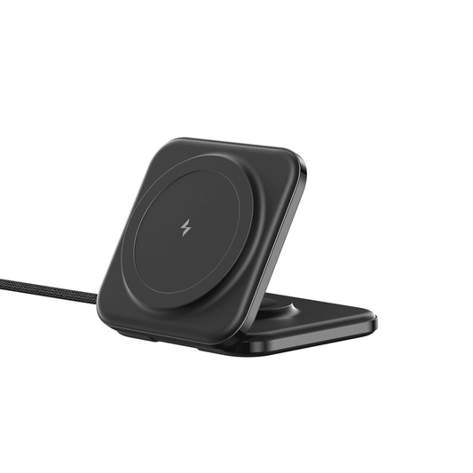 Black wireless charging pad on a white background