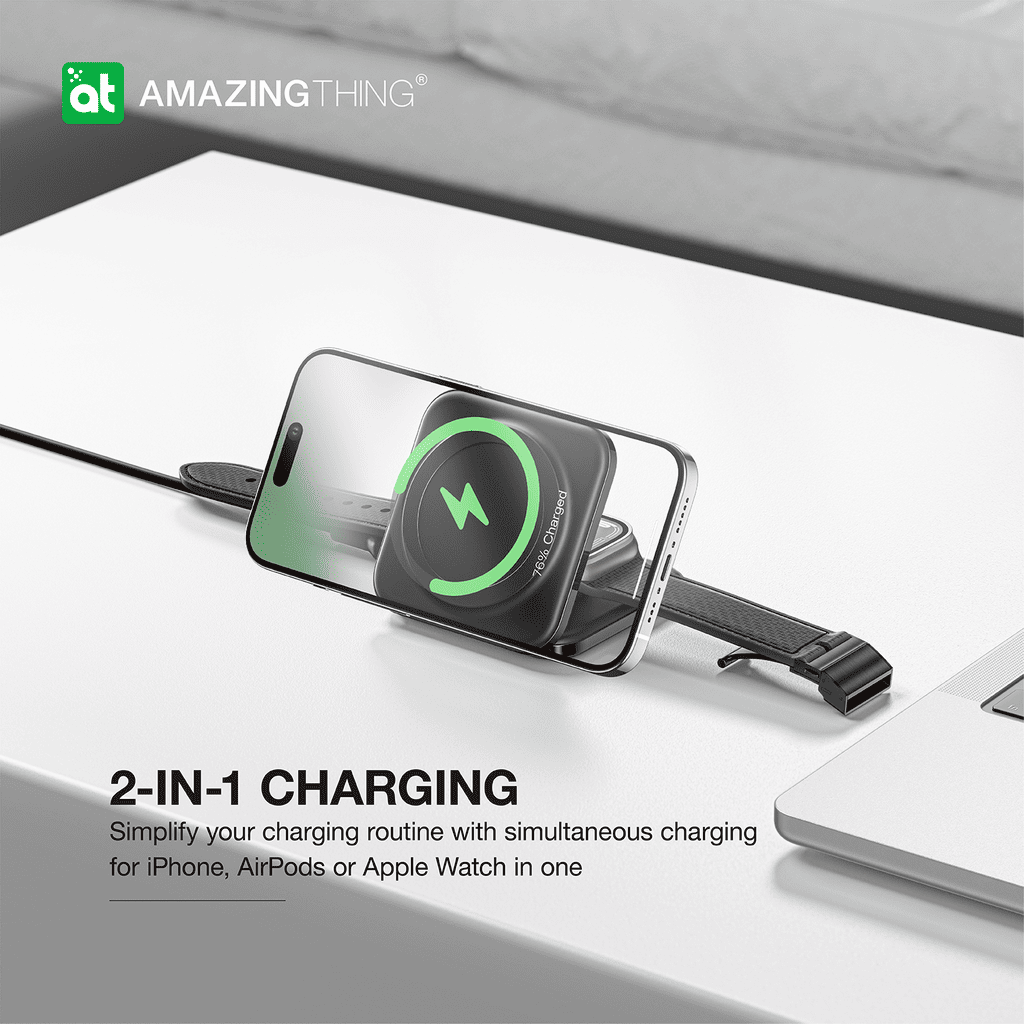 2-in-1 charging device for iPhone, AirPods, or Apple Watch on a white surface with 'Amazing Thing' branding.