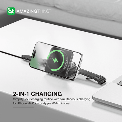 2-in-1 charging device for iPhone, AirPods, or Apple Watch on a white surface with 'Amazing Thing' branding.