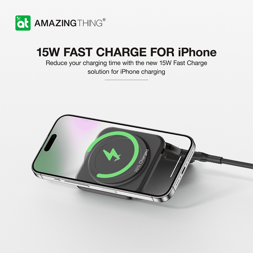 Wireless charger for iPhone with 'Amazing Thing' branding on a white background