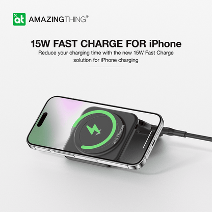 Wireless charger for iPhone with 'Amazing Thing' branding on a white background