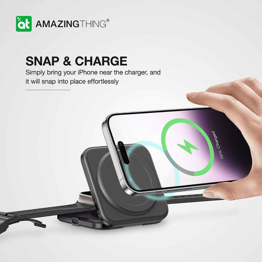 Wireless phone charger with 'Amazing Thing' branding and text about snap and charge feature.