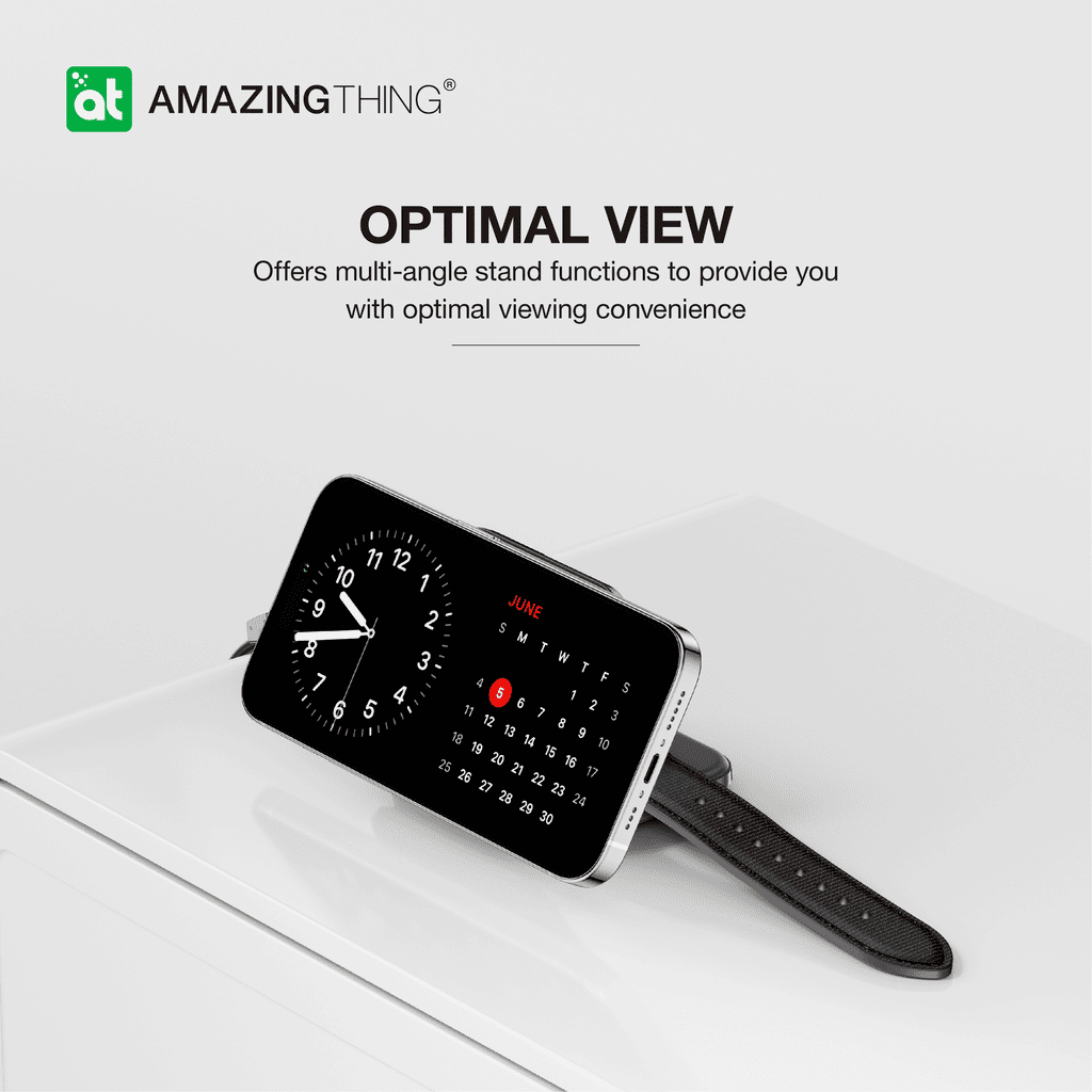 Smartwatch with a stand on a white surface, featuring the 'Amazing Thing' brand.