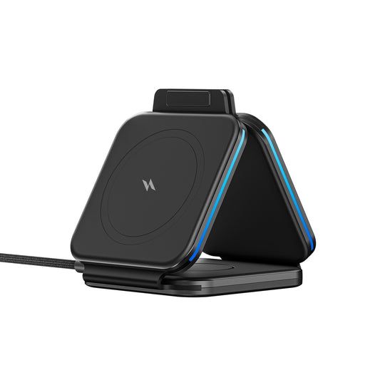 Black wireless charging pad on a white background