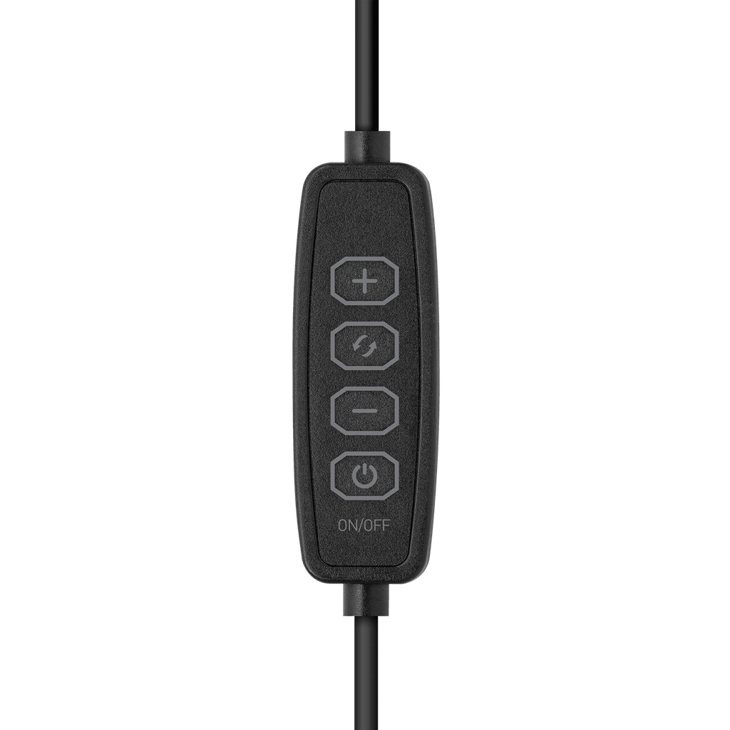 Black remote control with buttons on a transparent background