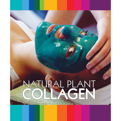 Person applying a green collagen mask to their face with colorful bars at the top and bottom.